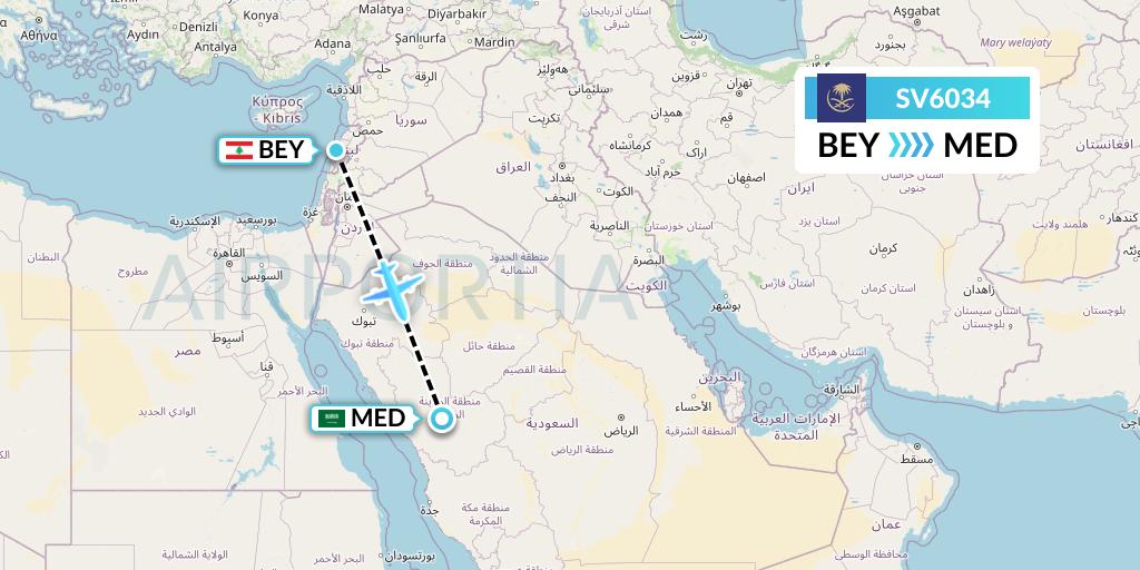 SV6034 Saudi Arabian Airlines Flight Map: Beirut to Medina