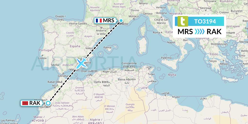 TO3194 Transavia France Flight Map: Marseille to Marrakesh 