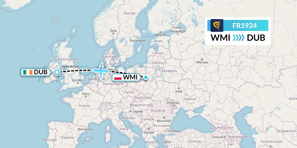 FR1924 Ryanair Flight Map: Warsaw to Dublin