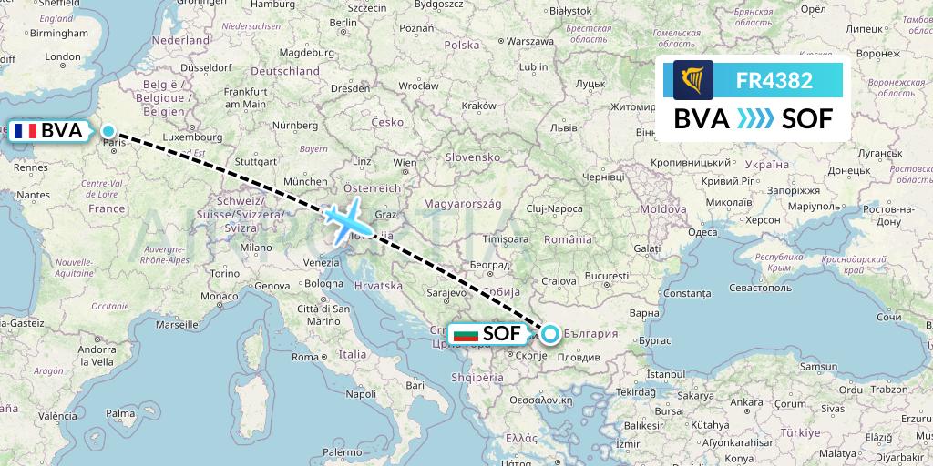 FR4382 Ryanair Flight Map: Paris to Sofia