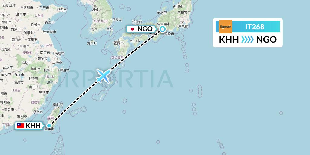 IT268 Tigerair Taiwan Flight Map: Kaohsiung to Nagoya