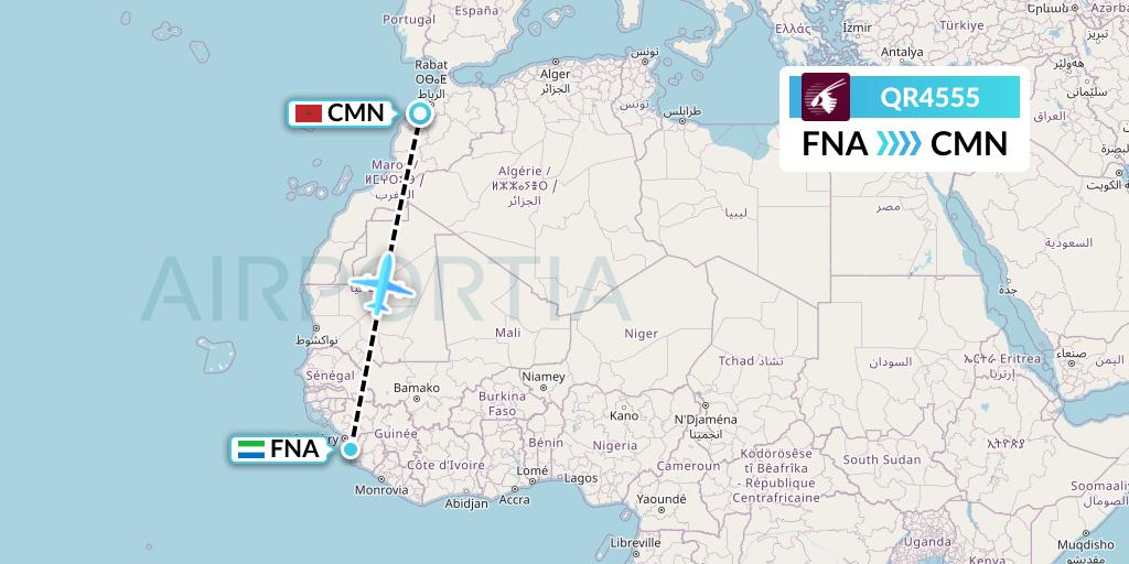 QR4555 Qatar Airways Flight Map: Freetown to Casablanca