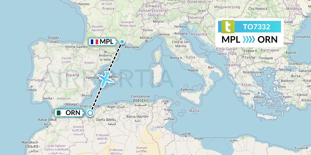 TO7332 Transavia France Flight Map: Montpellier to Oran