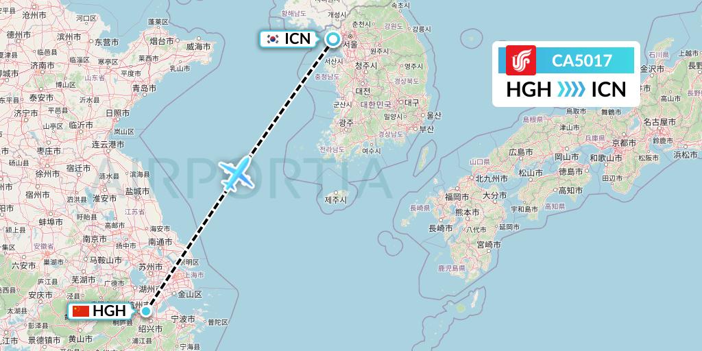 CA5017 Air China Flight Map: Hangzhou to Seoul