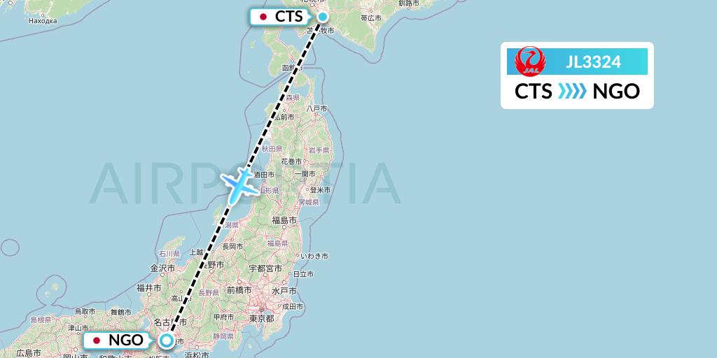 JL3324 Japan Airlines Flight Map: Sapporo to Nagoya
