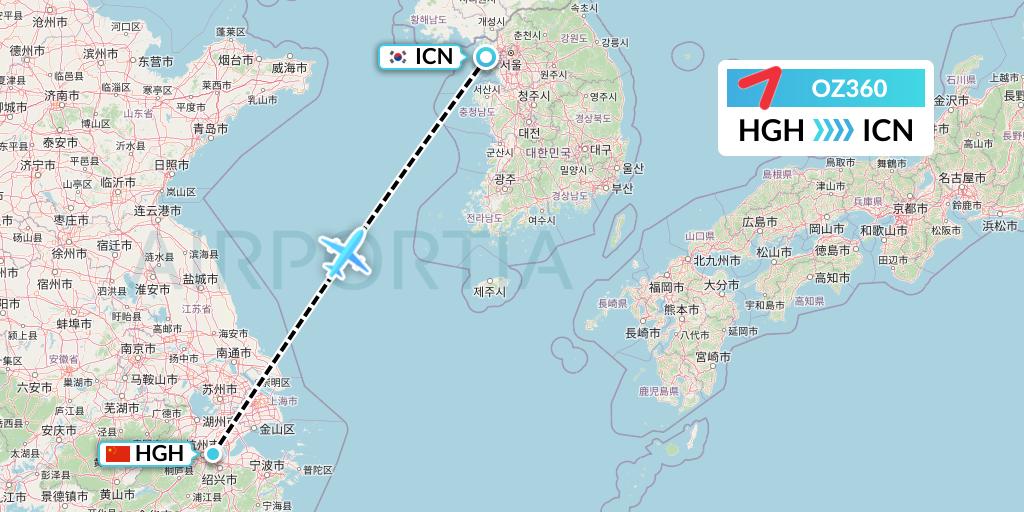 OZ360 Asiana Airlines Flight Map: Hangzhou to Seoul