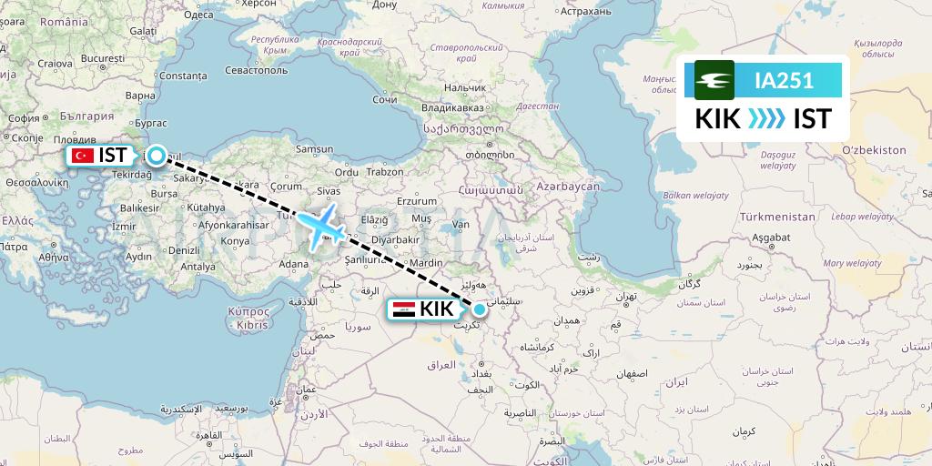 IA251 Iraqi Airways Flight Map: Kirkuk to Istanbul