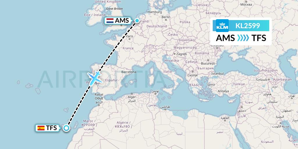 KL2599 KLM Flight Map: Amsterdam to Tenerife