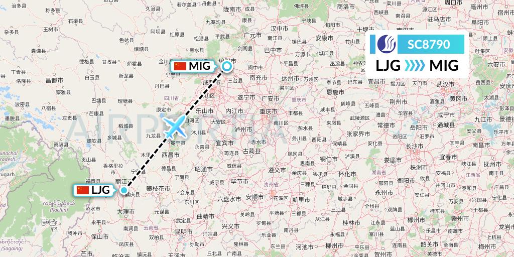 SC8790 Shandong Airlines Flight Map: Lijiang to Mianyang