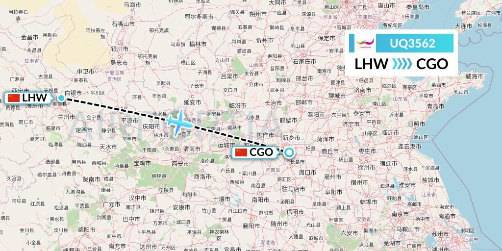 UQ3562 Urumqi Airlines Flight Map: Lanzhou to Zhengzhou