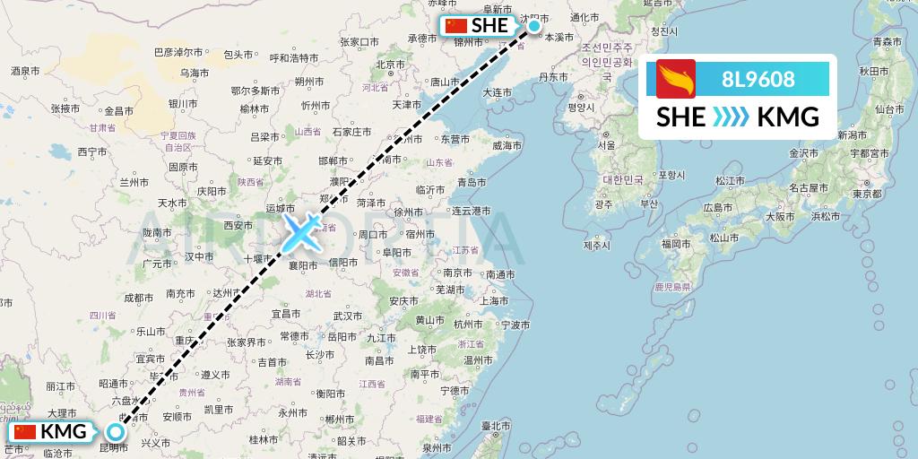 8L9608 Lucky Air Flight Map: Shenyang to Kunming