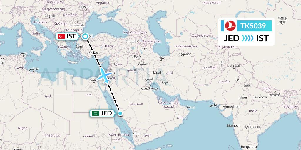 TK5039 Turkish Airlines Flight Map: Jeddah to Istanbul