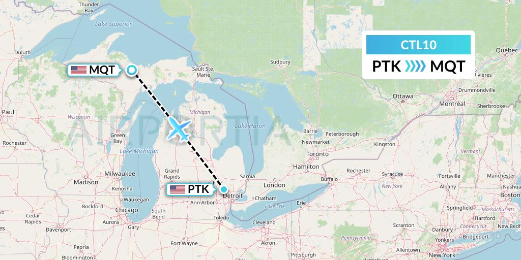 CTL10 Central Airlines Flight Map: Oakland County to Marquette