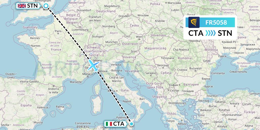 FR5058 Ryanair Flight Map: Catania to London