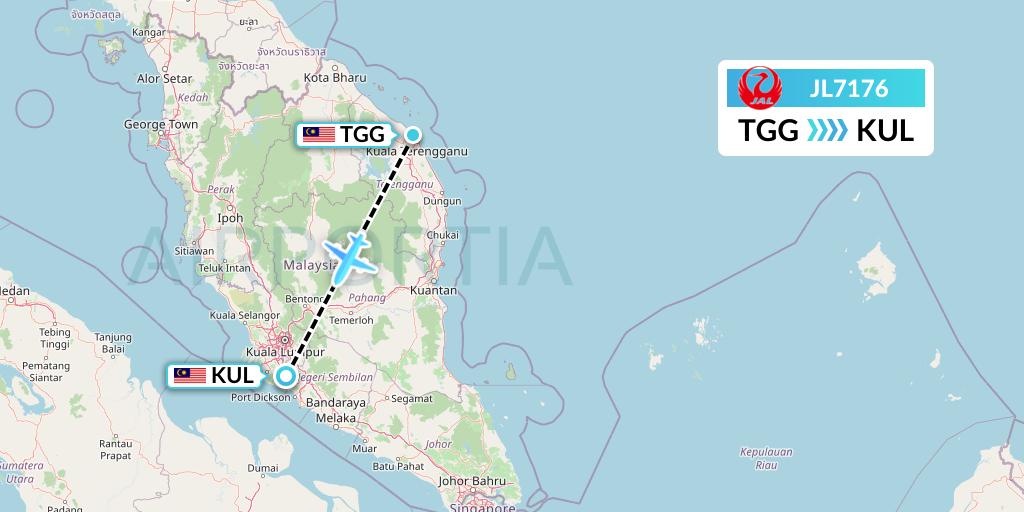 JL7176 Japan Airlines Flight Map: Kuala Terengganu to Kuala Lumpur