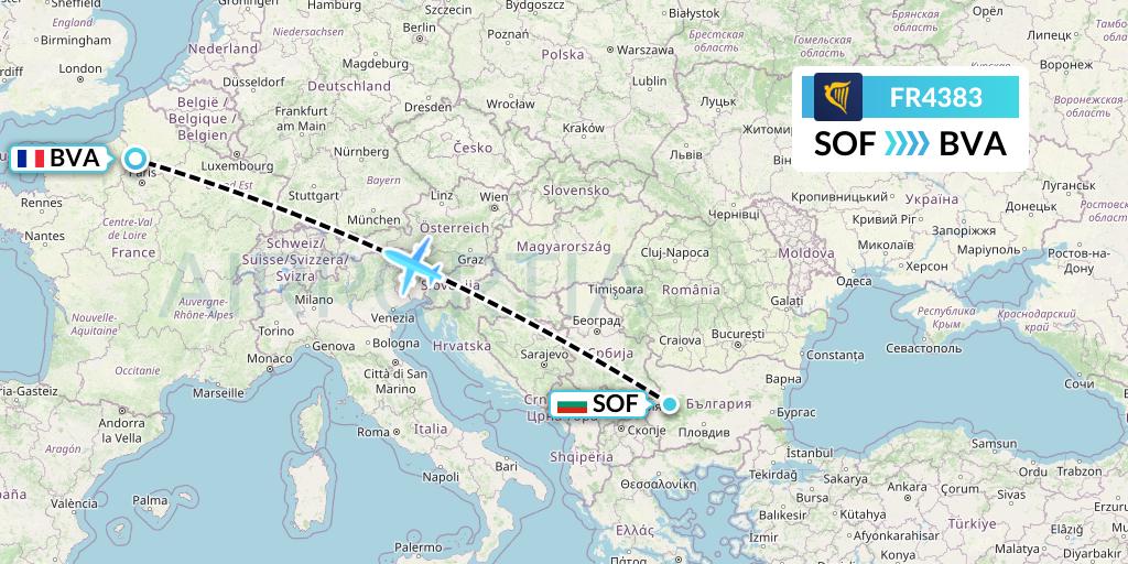 FR4383 Ryanair Flight Map: Sofia to Paris