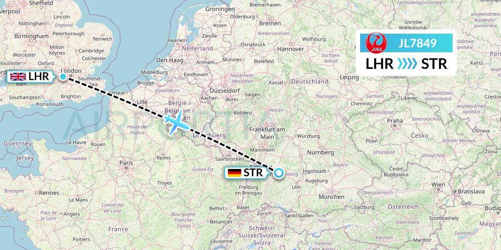 JL7849 Japan Airlines Flight Map: London to Stuttgart
