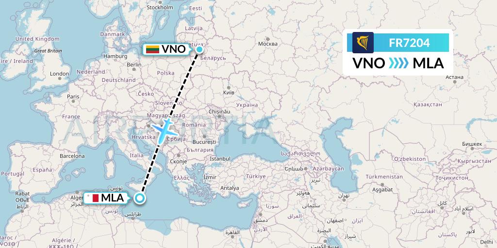 FR7204 Ryanair Flight Map: Vilnius to Malta