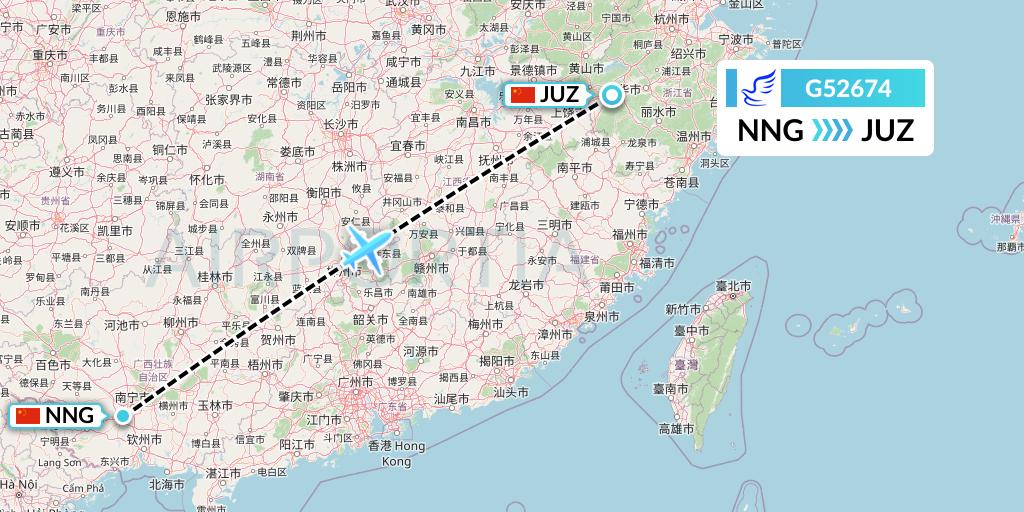 G52674 China Express Airlines Flight Map: Nanning to Quzhou