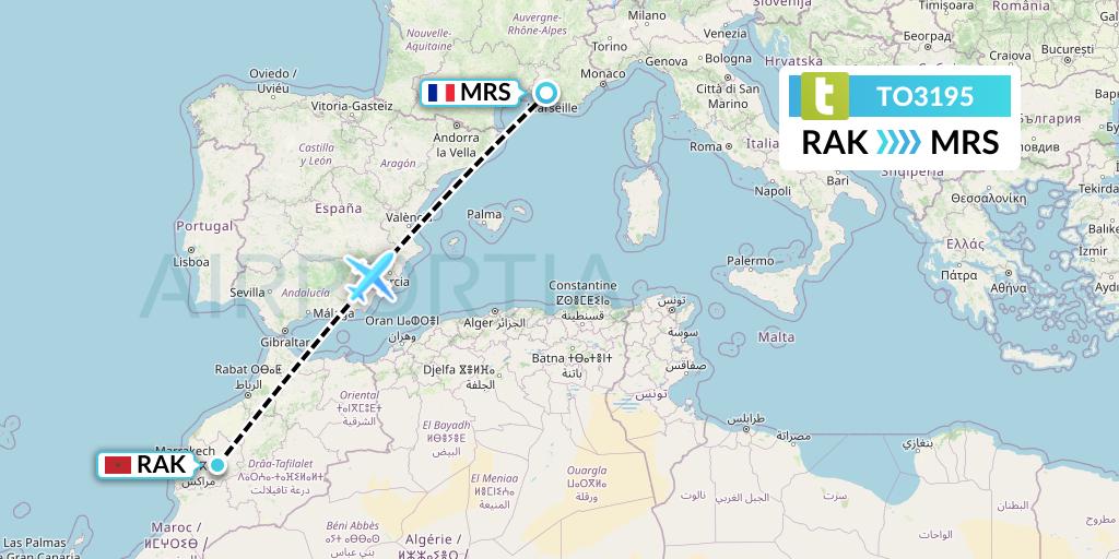 TO3195 Transavia France Flight Map: Marrakesh to Marseille