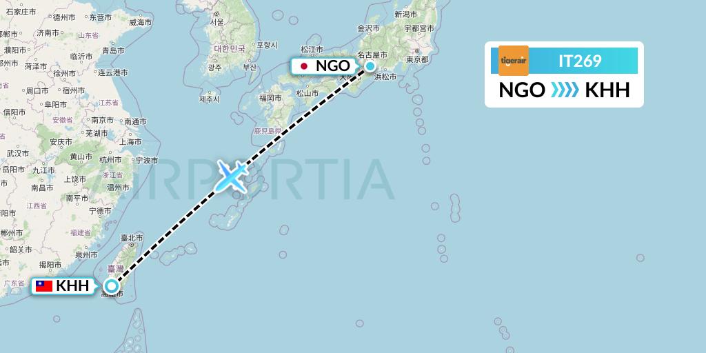 IT269 Tigerair Taiwan Flight Map: Nagoya to Kaohsiung