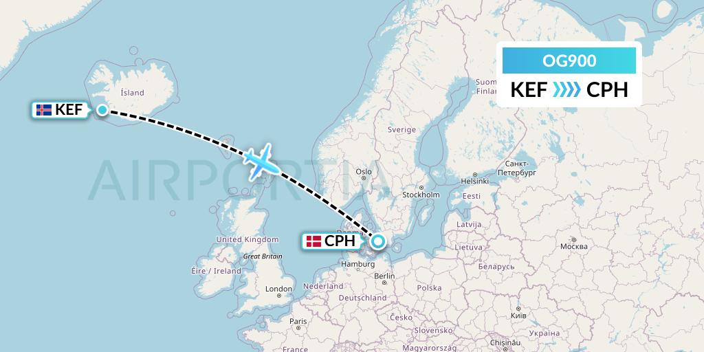 OG900 Fly Play Flight Map: Reykjavik to Copenhagen