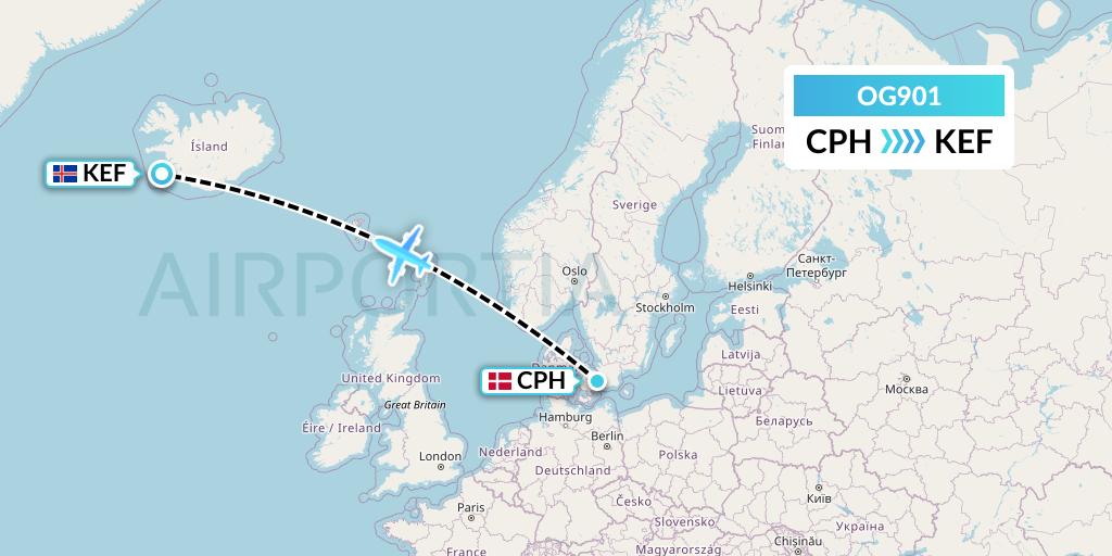 OG901 Fly Play Flight Map: Copenhagen to Reykjavik