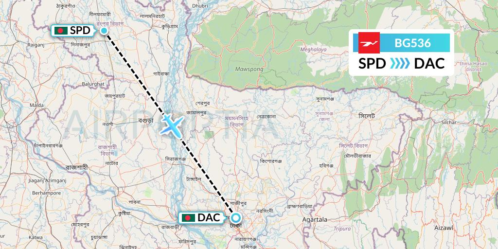 BG536 Biman Bangladesh Airlines Flight Map: Saidpur to Dhaka