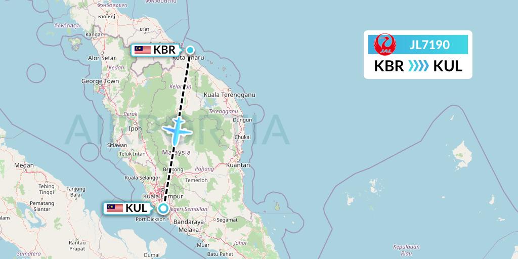 JL7190 Japan Airlines Flight Map: Kota Bharu to Kuala Lumpur