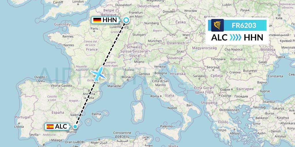 FR6203 Ryanair Flight Map: Alicante to Hahn