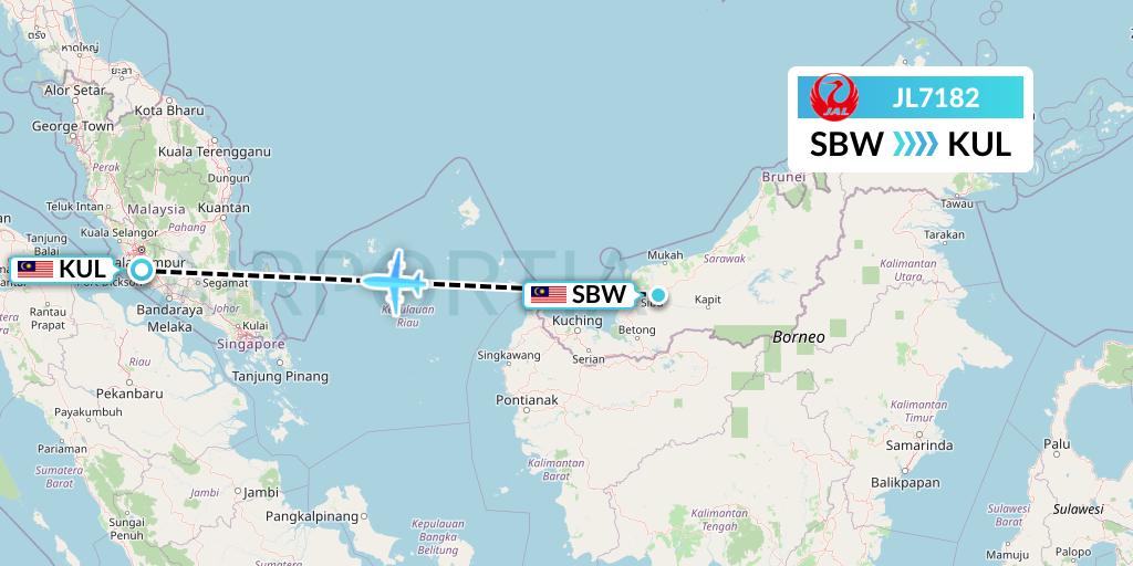 JL7182 Japan Airlines Flight Map: Sibu to Kuala Lumpur