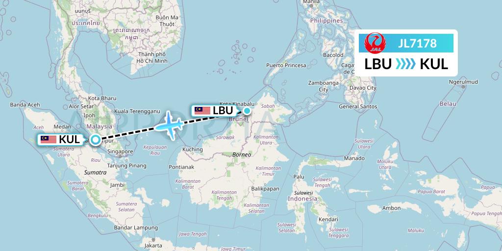 JL7178 Japan Airlines Flight Map: Labuan to Kuala Lumpur