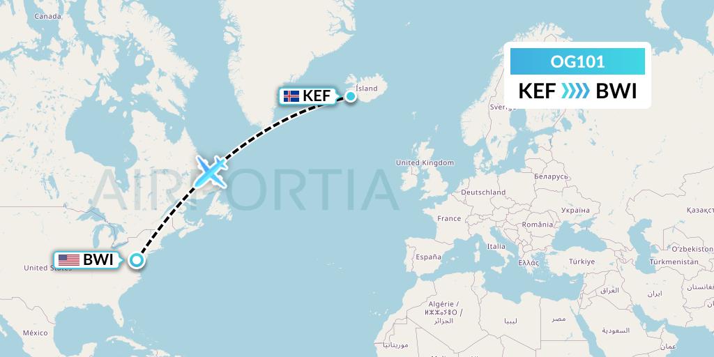 OG101 Fly Play Flight Map: Reykjavik to Baltimore