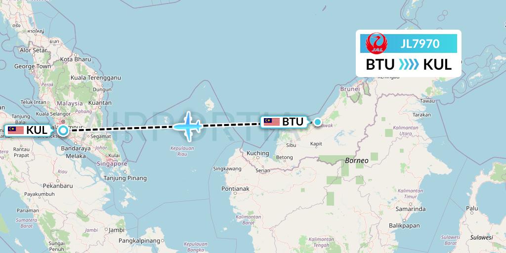 JL7970 Japan Airlines Flight Map: Bintulu to Kuala Lumpur