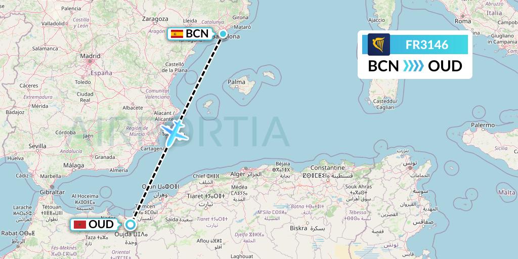 FR3146 Ryanair Flight Map: Barcelona to Oujda