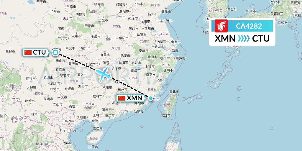 CA4282 Air China Flight Map: Xiamen to Chengdu