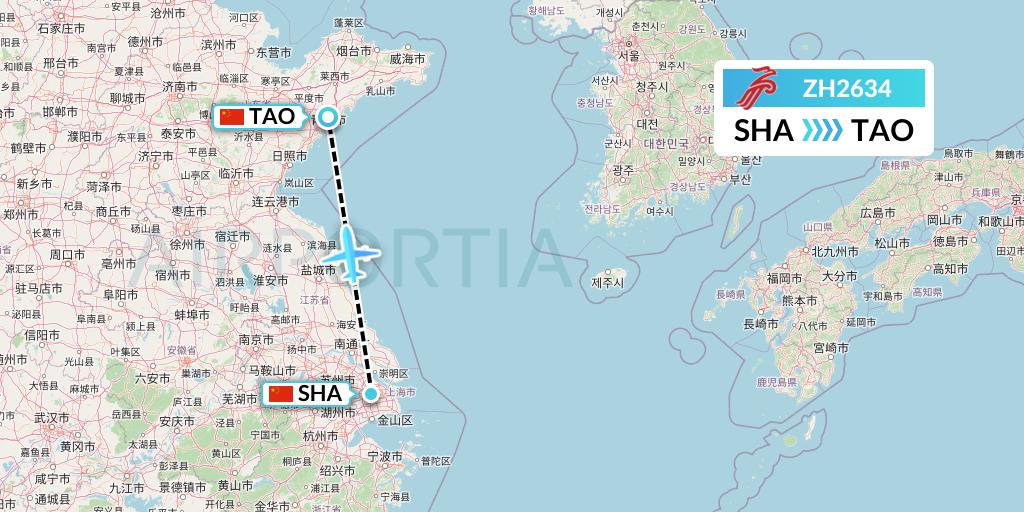 ZH2634 Shenzhen Airlines Flight Map: Shanghai to Qingdao