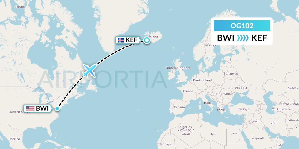 OG102 Fly Play Flight Map: Baltimore to Reykjavik