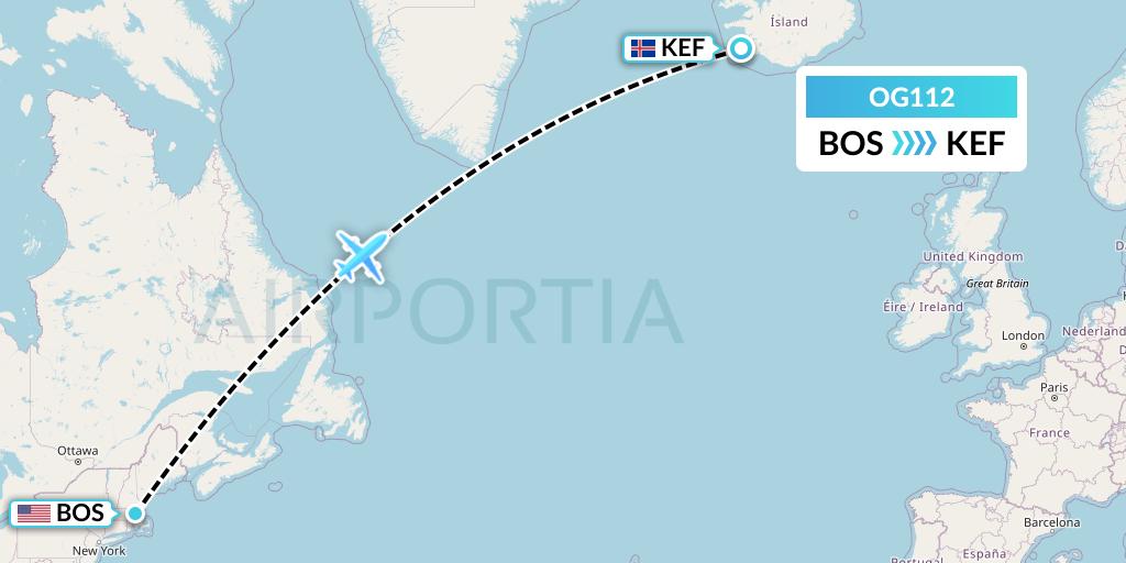 OG112 Fly Play Flight Map: Boston to Reykjavik