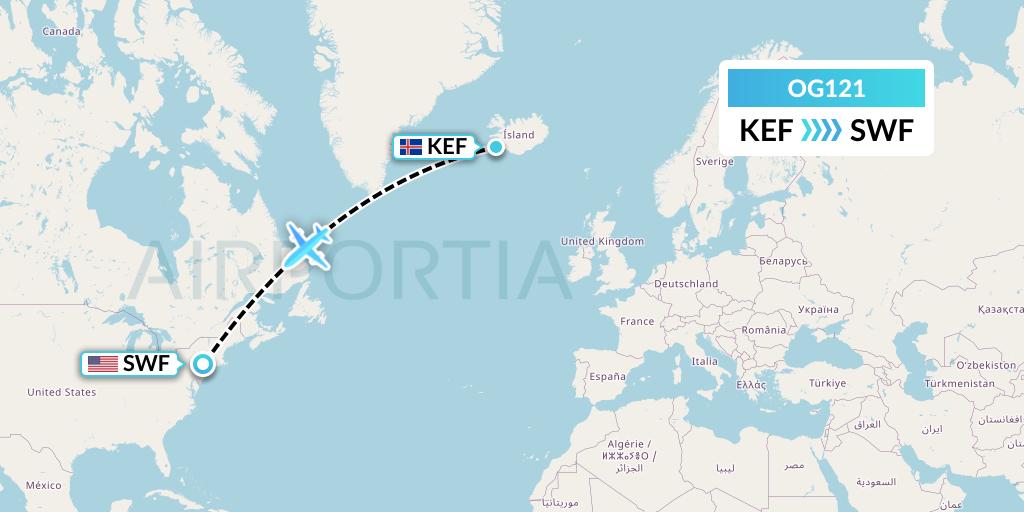 OG121 Fly Play Flight Map: Reykjavik to Newburgh