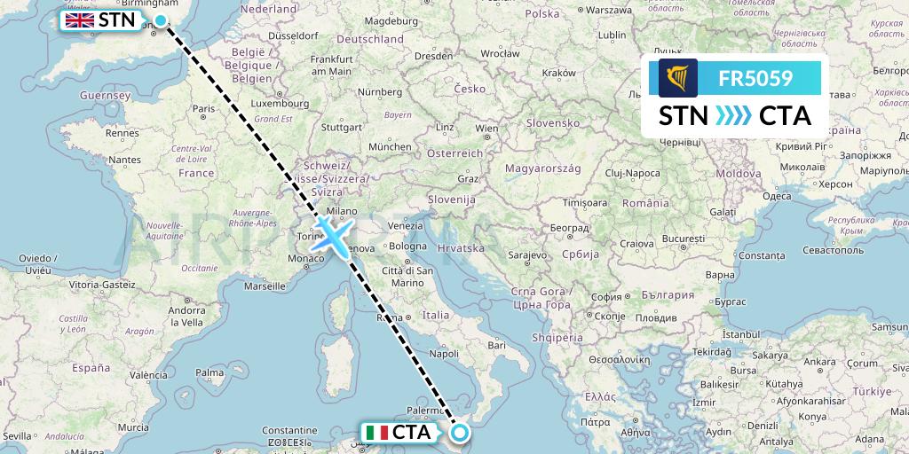 FR5059 Ryanair Flight Map: London to Catania