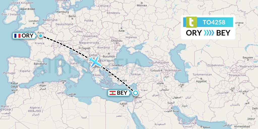 TO4258 Transavia France Flight Map: Paris to Beirut