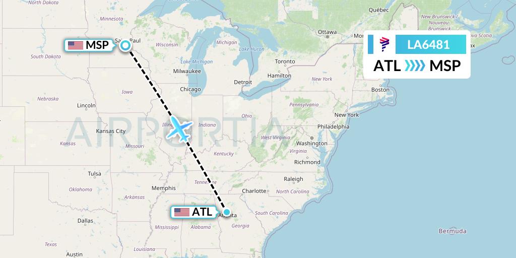 LA6481 LAN Airlines Flight Map: Atlanta to Minneapolis
