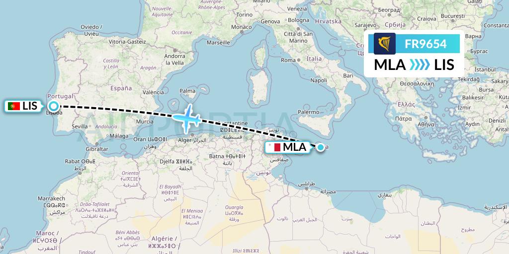 FR9654 Ryanair Flight Map: Malta to Lisbon