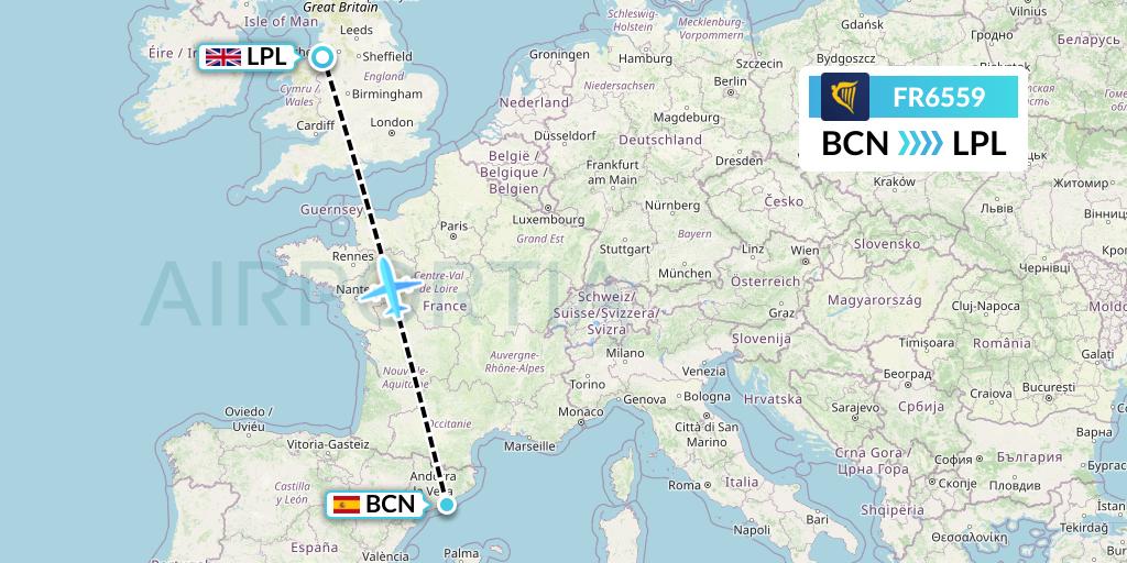 FR6559 Ryanair Flight Map: Barcelona to Liverpool
