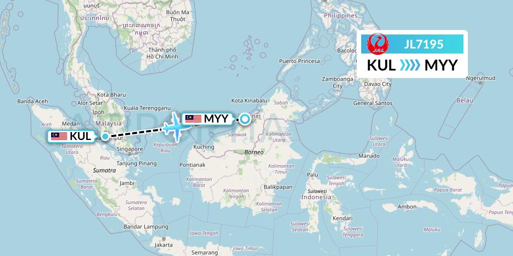 JL7195 Japan Airlines Flight Map: Kuala Lumpur to Miri