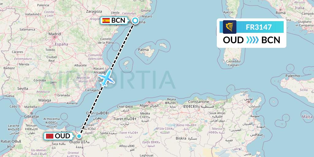 FR3147 Ryanair Flight Map: Oujda to Barcelona
