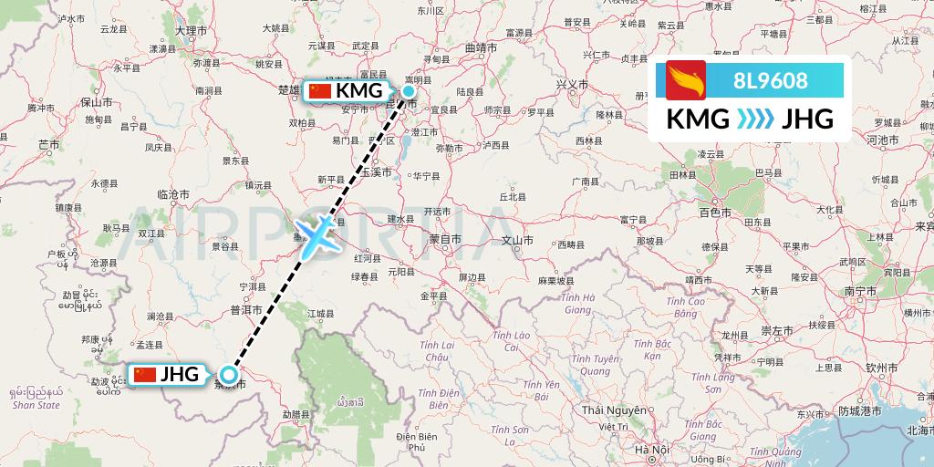 8L9608 Lucky Air Flight Map: Kunming to Jinghong