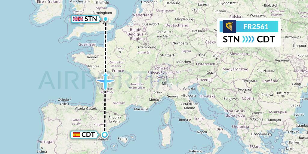 FR2561 Ryanair Flight Map: London to Castellon de la Plana