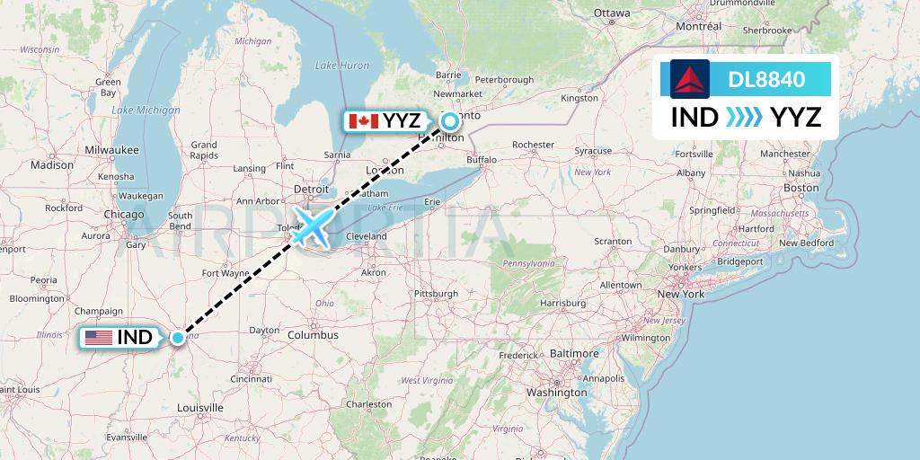 DL8840 Delta Air Lines Flight Map: Indianapolis to Toronto
